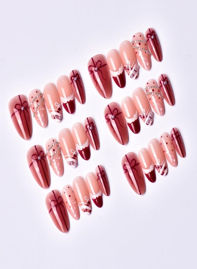 LRKNNO 30Pcs Christmas French Tip Press on Nails Medium Almond Fake Nails Nude Pink Glossy Glue on Nail with Pearl Rhinestone Red Bow Ribbon Designs Reusable Winter False Nail Xmas Acrylic Nails for Women - Image 4